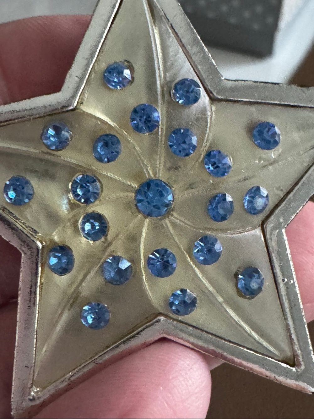 Vintage Silver Tone Star Brooch, Lucite Jelly Belly with Blue Rhinestones